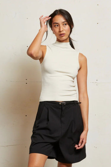 Perfect White Tee Mel Luxe Rib Sleeveless Mock Neck Top in Sugar