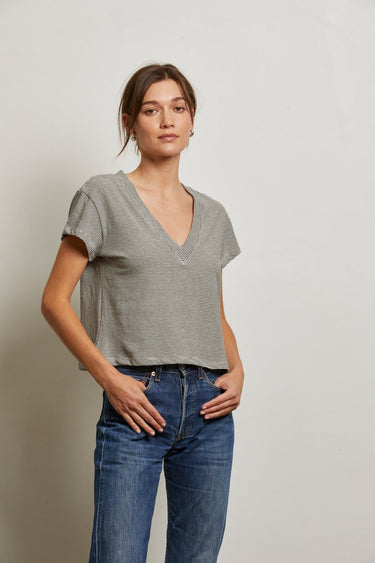Perfect White Tee Rosie V Neck in Ivory Black Stripe