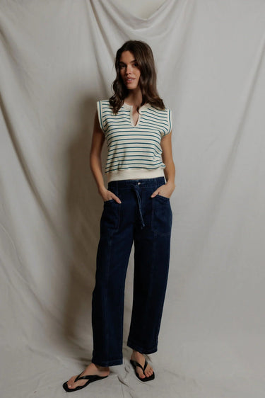 Perfect White Tee Sloane French Terry Sweatshirt in Teal Navy Stripe