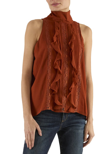 Ramy Brook Christine Silk Chiffon High Neck Sleeveless Top in Amber