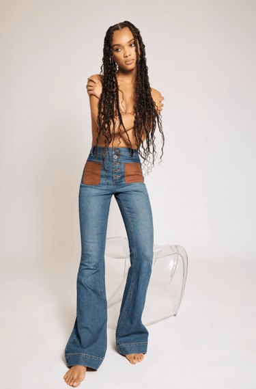Ramy Brook Cindy Faux Suede Trim Flare Jean in Medium Wash