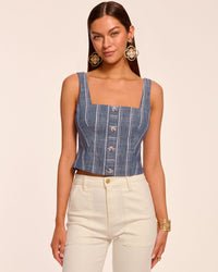 Ramy Brook Olive Button Front Sleeveless Top in Indigo Stripe
