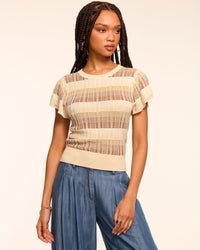 Ramy Brook Rebecca Plaid Knit Flutter Sleeve Top in Bone Plaid