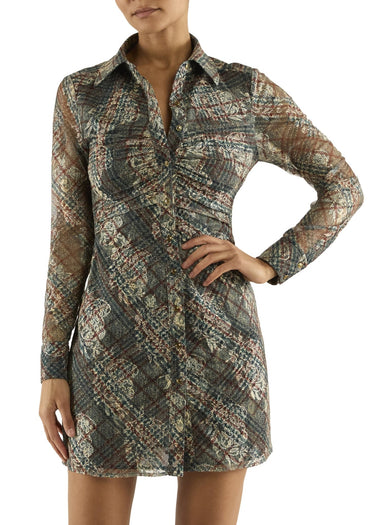 Ramy Brook Wyatt Mesh Button Down Mini Dress in Amber Plaid