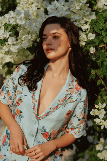 Ranna Gill Liora Scalloped Button Down Shirt in Jade Rose