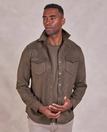Rye 51 The Wyatt Microsuede Shirt Jacket in Dark Olive
