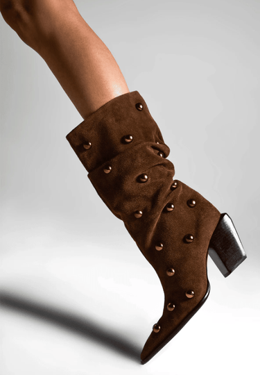 Schutz Tulsa Studs Suede Boot in Pecan Brown