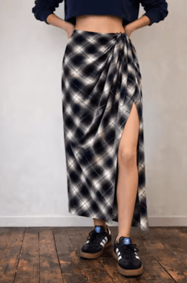 Stateside Autumn Brushed Plaid Saloon Midi Skirt in Navy