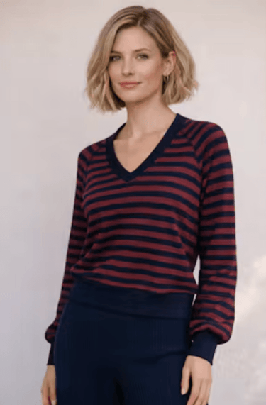 Stateside Navy Stripe Baby French Terry Raglan Sweatshirt in Winetasting