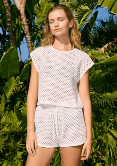 Sundry Crochet Cropped Short Sleeve Shirt in Optic White