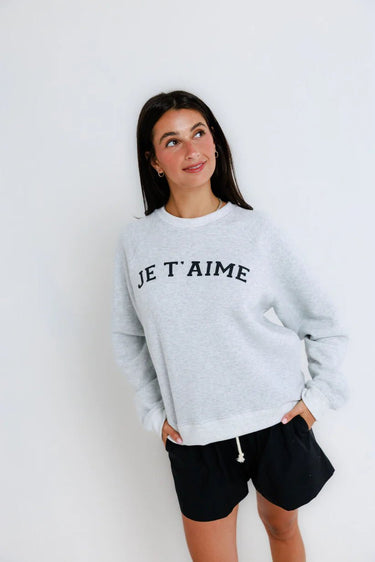 Sunny Somewhere Je T'aime Raglan Crew in Heather Ash