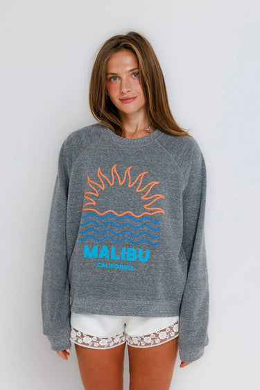 Sunny Somewhere Malibu Sunrise Raglan Crew in Heather Grey