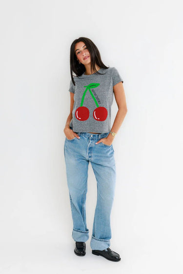 Sunny Somewhere Mon Cheri Cherry Femme Crew in Heather Grey