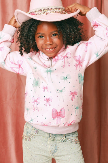 Three Wildflower Designs Bow Print 3/4 Zip Gem Stamped Crewneck