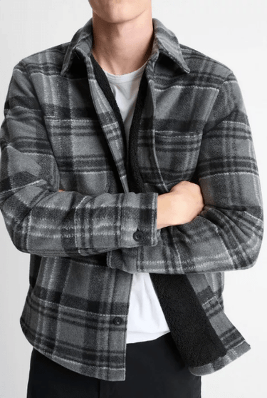 Vince Sherpa - Lined Plaid Shirt Jacket in Medium Heather Grey