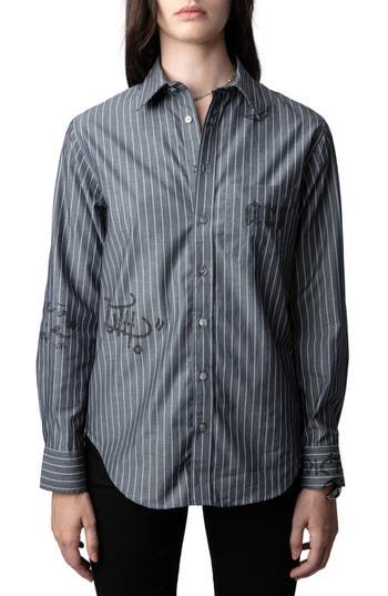 Zadig & Voltaire Taskiz Manifesto Stripe Embellished Cotton Button - Up Shirt in Evening