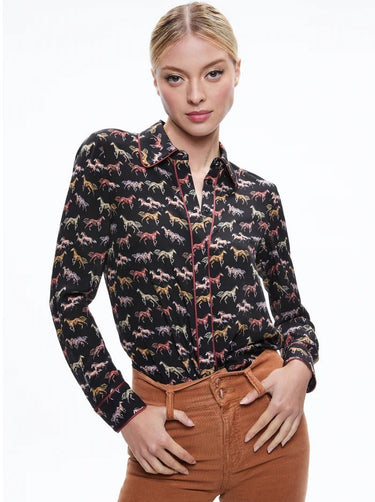 Alice + Olivia Willa Placket Top in Rodeo Black - Estilo Boutique
