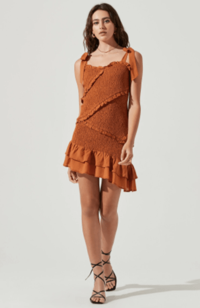 Eastwick Smocked Ruffle Mini Dress Brown / L