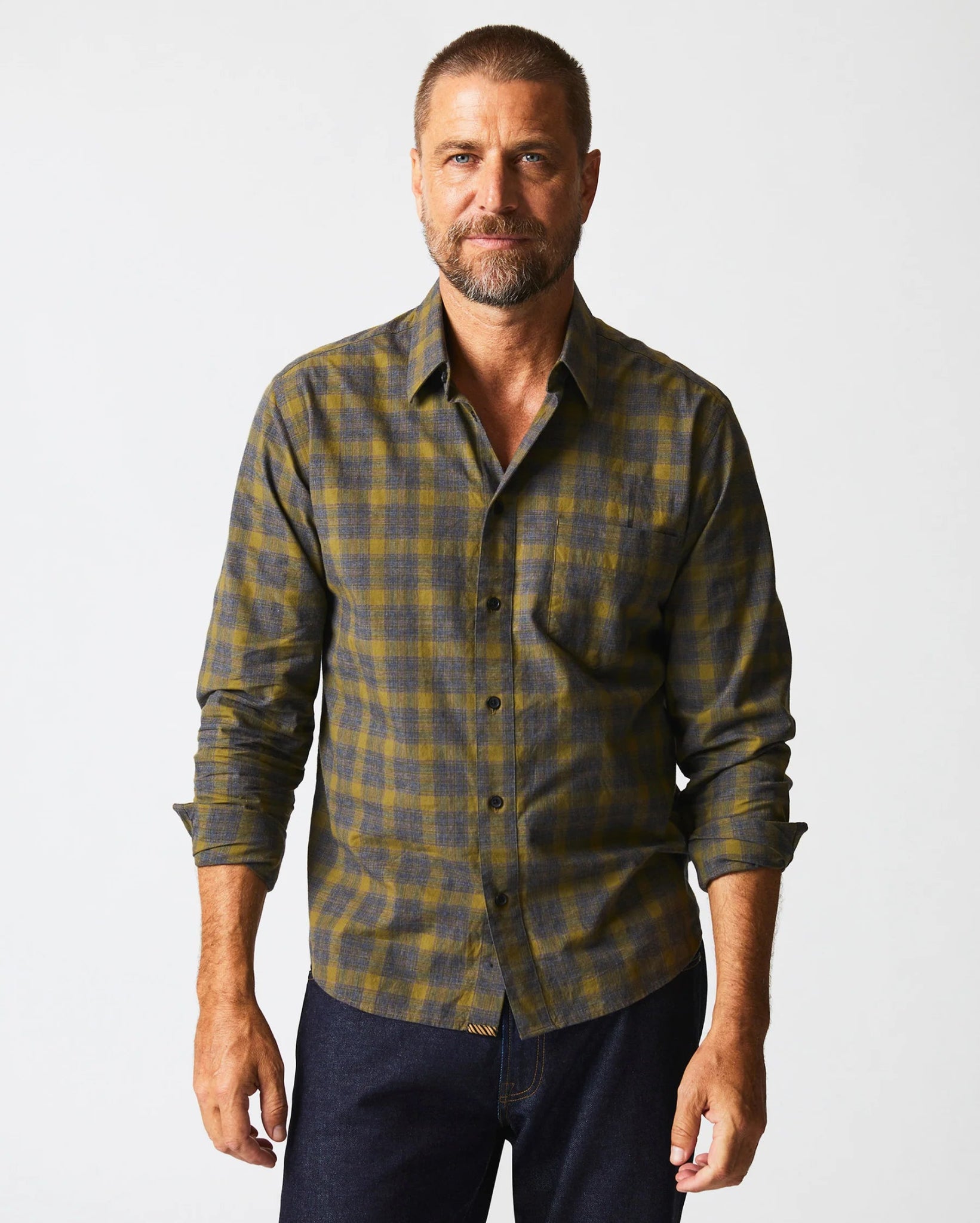 Billy Reid Melange Shadow Plaid Tuscumbia Shirt in Grey/Olive - Estilo Boutique