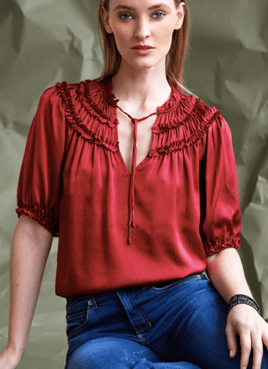 Go Silk Go Frilled to Bits Top in Sangria - Estilo Boutique