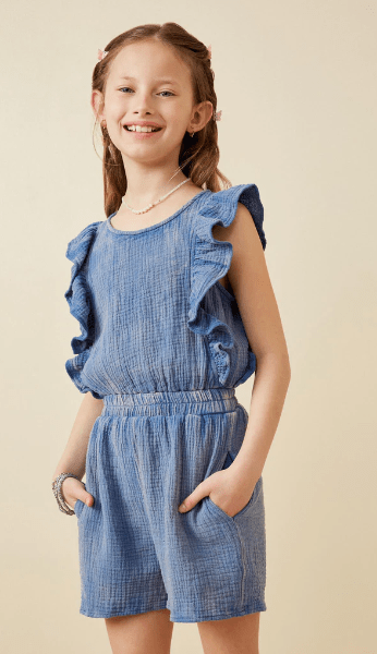 Hayden Girls Crinkle Ruffled Tank Romper in Blue - Estilo Boutique