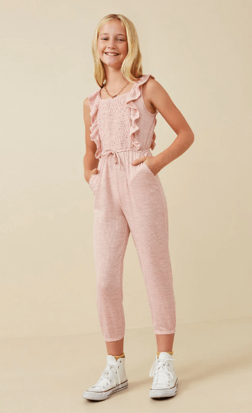 Hayden Girls Smocked Ruffle Jumpsuit in Mauve - Estilo Boutique