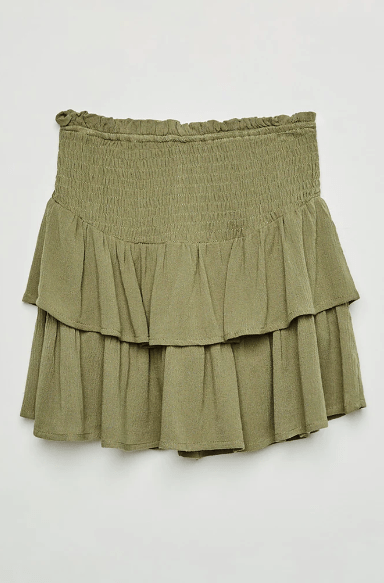Hayden Girls Smocked Ruffle Tiered Mini Skirt in Olive - Estilo Boutique