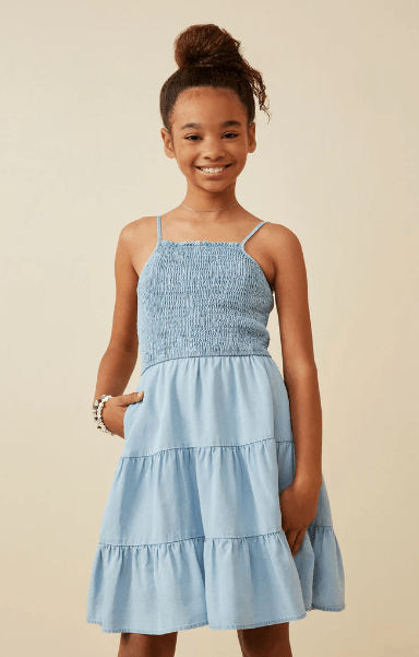 Hayden Girls Smocked Tiered Dress in Denim - Estilo Boutique