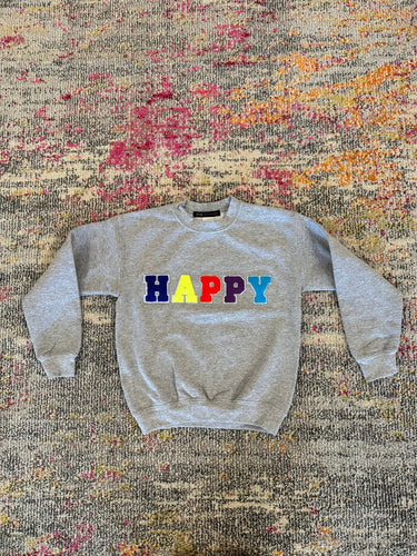 JET Fuzzy Letter Happy Crewneck in Grey - Estilo Boutique