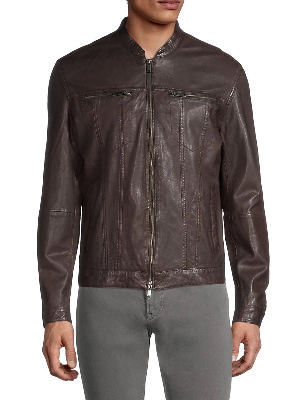 John Varvatos Band Collar Leather Jacket in Brown - Estilo Boutique