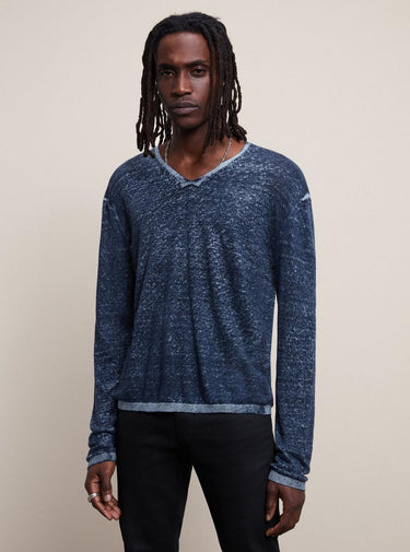 John Varvatos Linen V-Neck Sweater in Navy - Estilo Boutique