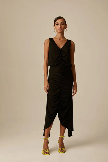Krisa High Low Ruched Dress in Black - Estilo Boutique