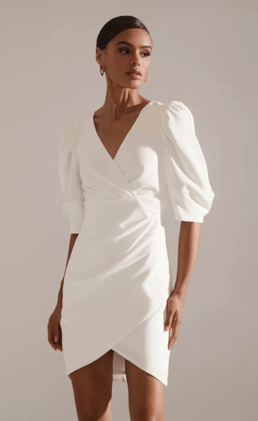 Krisa Wrap Puff Sleeve Dress in Ivory - Estilo Boutique