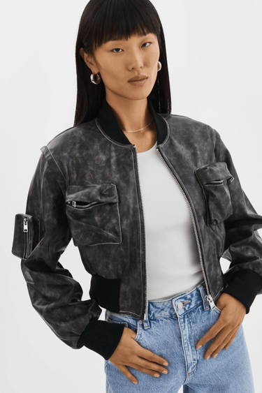 Lamarque Xaia Faux Leather Convertible Bomber Jacket in Vintage Black - Estilo Boutique