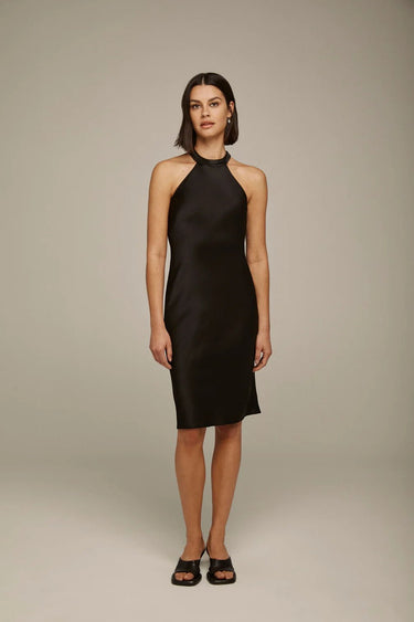 Lanston Satin Bias Halter Dress in Black - Estilo Boutique