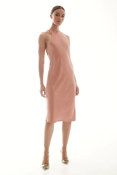 Lanston Satin Bias Halter Tank Dress in Clay - Estilo Boutique