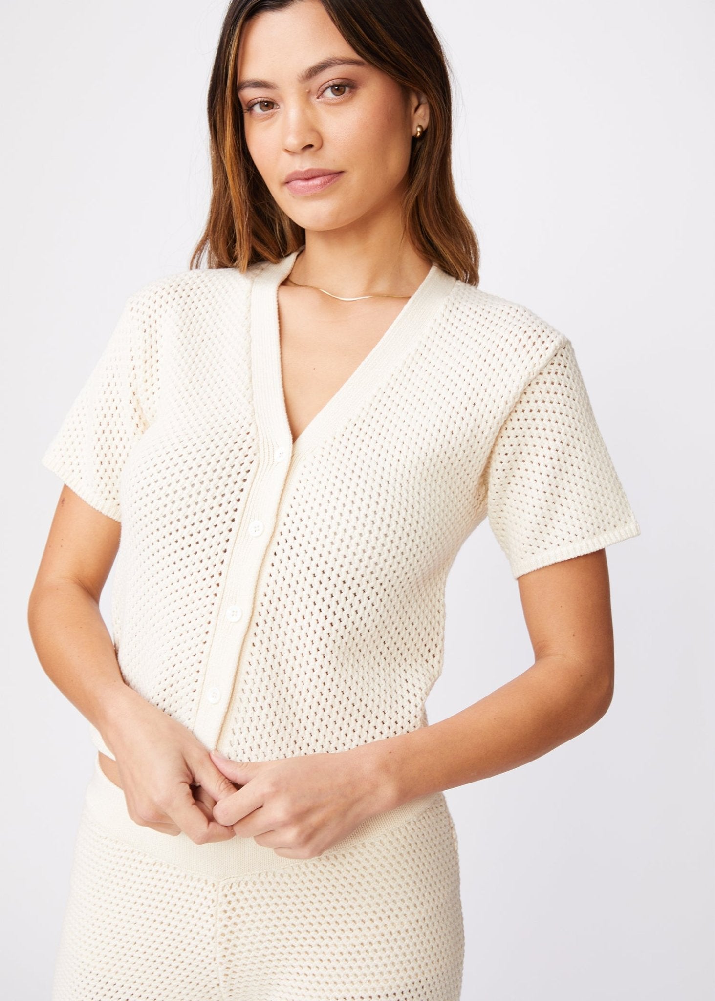 Monrow Crochet Short Sleeve Sweater in Off White - Estilo Boutique