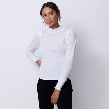 Monrow Mock Neck Shirred Sleeve Top in White - Estilo Boutique