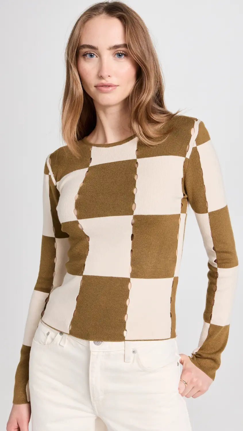 Moon River Checkerboard Sweater Top in Olive - Estilo Boutique