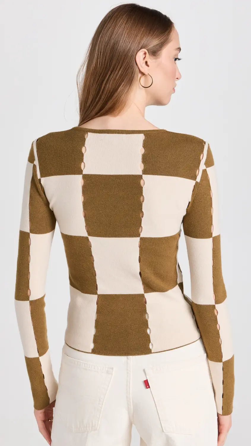 Moon River Checkerboard Sweater Top in Olive - Estilo Boutique