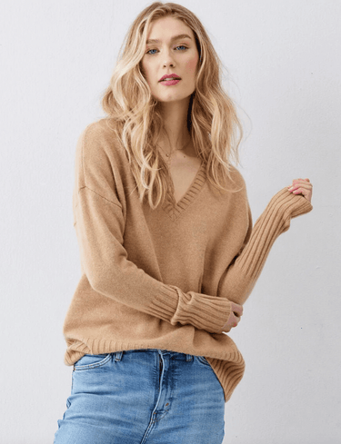 Not Monday Siena Cashmere V Neck Sweater in Camel - Estilo Boutique