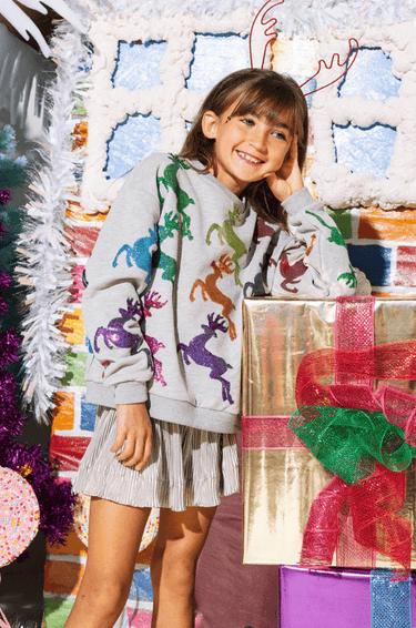 Queen of Sparkles Grey & Multi Scatter Reindeer Sweatshirt - Estilo Boutique