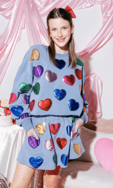 Queen of Sparkles Rainbow Foil Heart Skort in Dusty Blue - Estilo Boutique