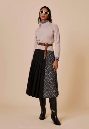 Sfizio Pleated Checkered Wrap Skirt in Gray Madras Wool - Estilo Boutique