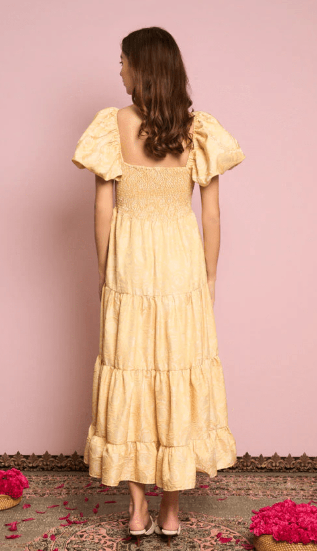 Sister Jane Marigold Jacquard Tiered Dress in Venetian Gold - Estilo Boutique