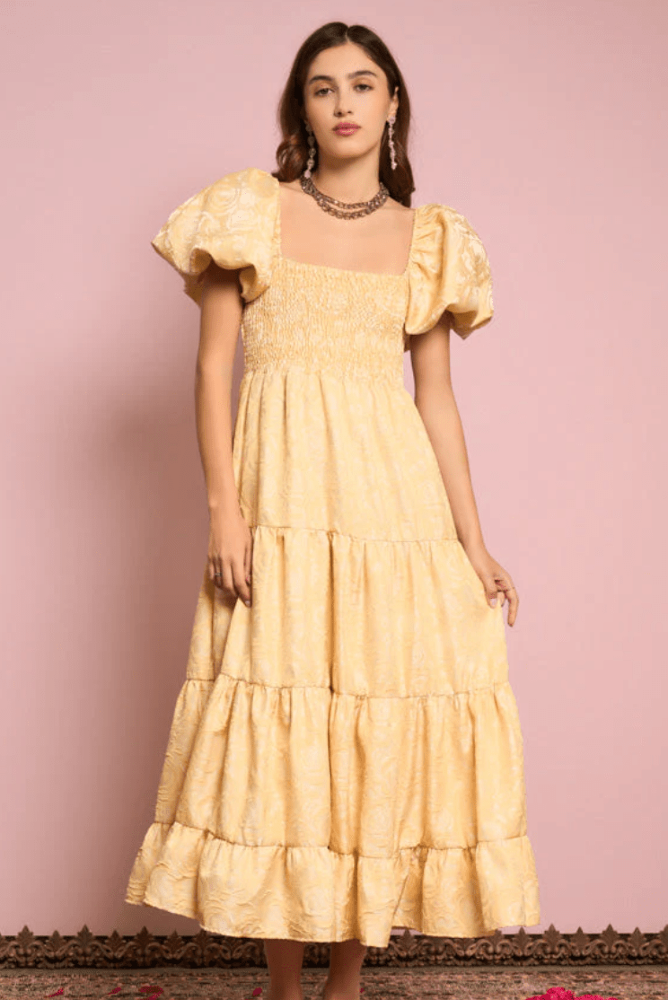 Marigold Jacquard Tiered Dress Venetian Gold / S Marigold Jacquard Tiered Dress Venetian Gold / S