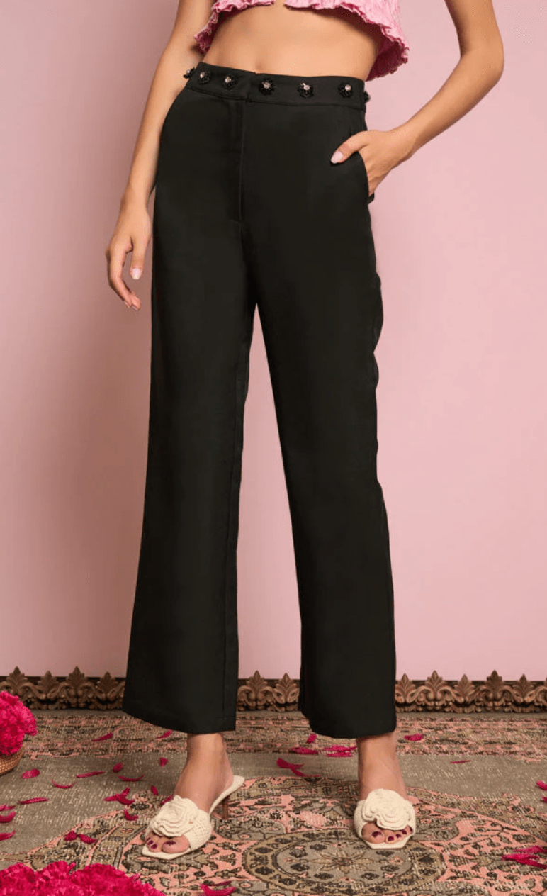 Sister Jane Priya Embellished Pants in Black Satin - Estilo Boutique