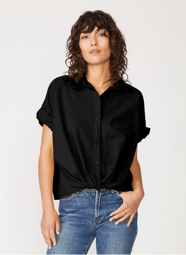 Stateside Poplin Short Sleeve Front Twist Button Up Shirt in Black - Estilo Boutique