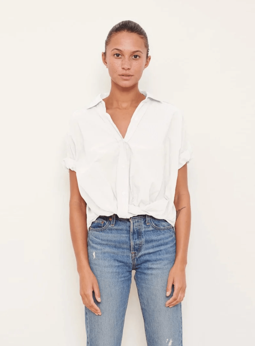 Stateside Poplin Short Sleeve Front Twist Button Up Shirt in White - Estilo Boutique