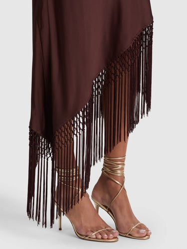 Alice + Olivia Harmony Asymmetrical Fringe Maxi Dress in Dark Chocolate